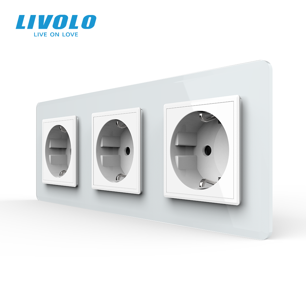 Потрійна електрична розетка з заземленням LIVOLO, біла, скляна 2.5D рамка, шторки, 250В 16А