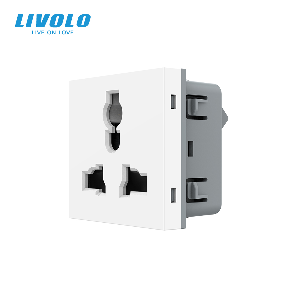 Універсальна розетка LIVOLO 12-в-1, з заземленням і шторками, біла, 16А 250В, модуль (VL-FCT22 16A-2WP)