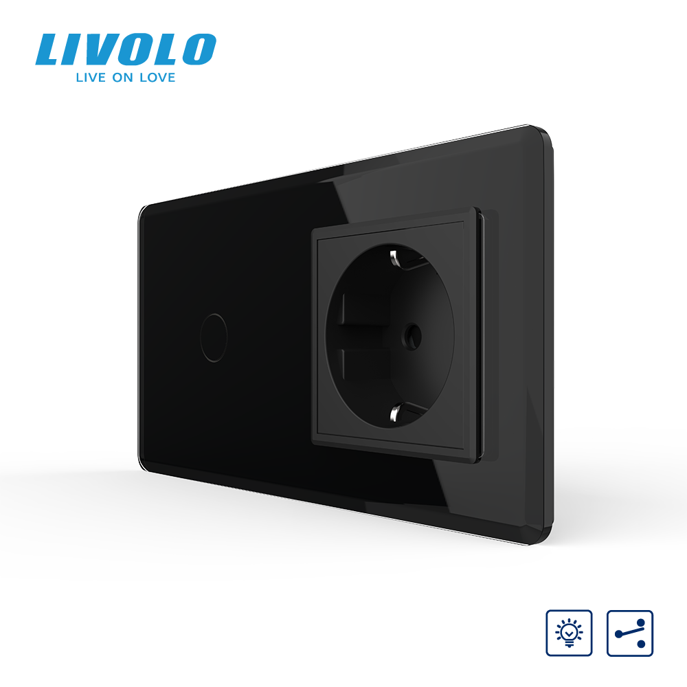 Сенсорний прохідний димер з розеткою LIVOLO 16А 230В із заземленням, шторки, чорний 2.5D, скло