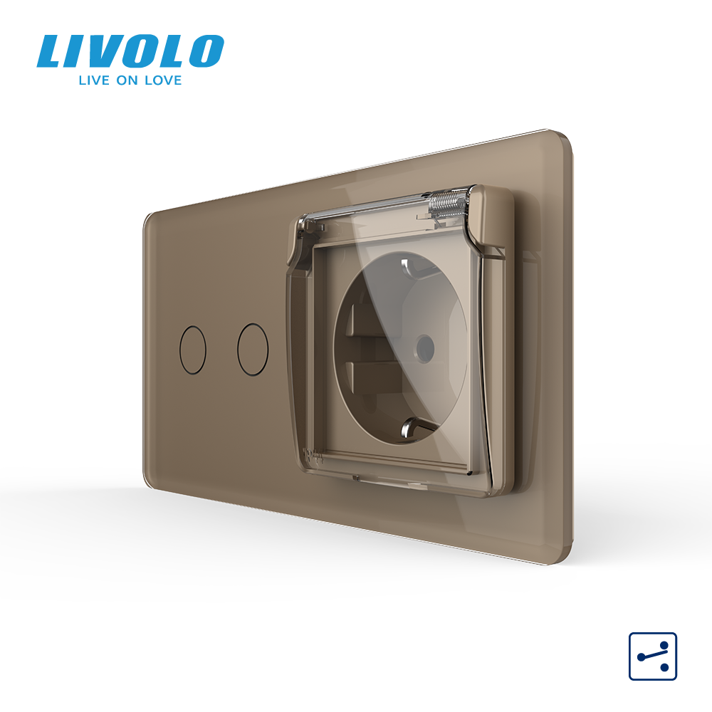 Сенсорний подвійний прохідний вимикач LIVOLO з розеткою IP44 кришка золотий 2.5D із заземленням скло