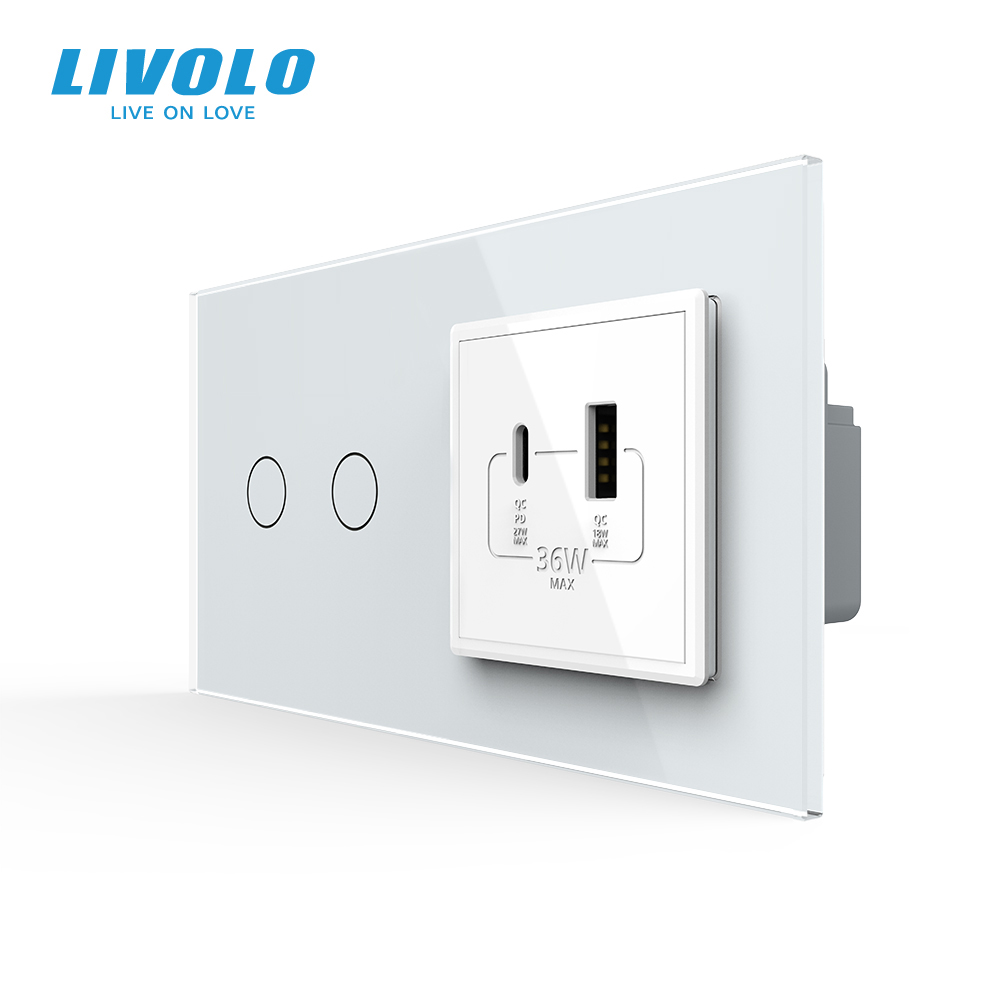 Розумний сенсорний (дотиковий) подвійний вимикач LIVOLO з розеткою USB-A + USB-C 36Вт білий скляна рамка