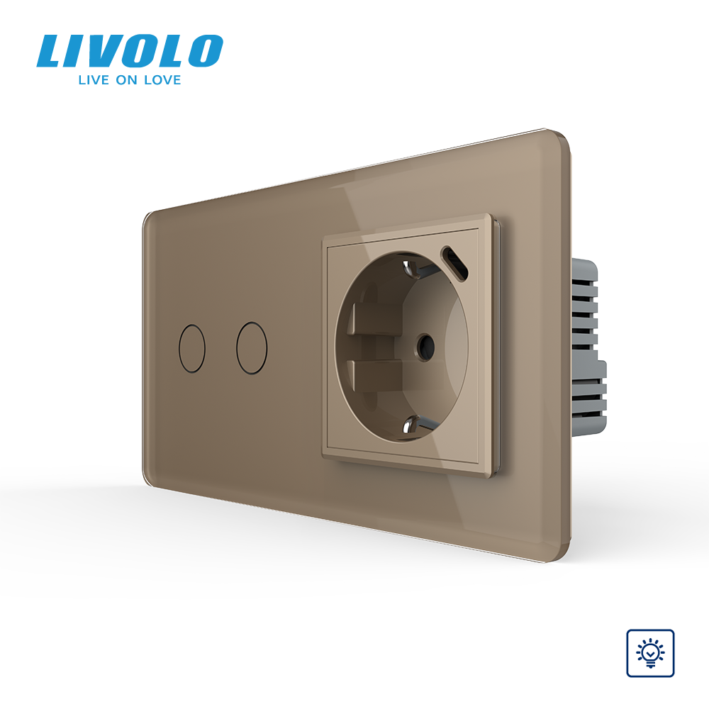 Сенсорний димер LIVOLO на 2 сенсори з розеткою та USB Type-C 18Вт, золотий 2.5D, розетка 16А 230В із заземленням