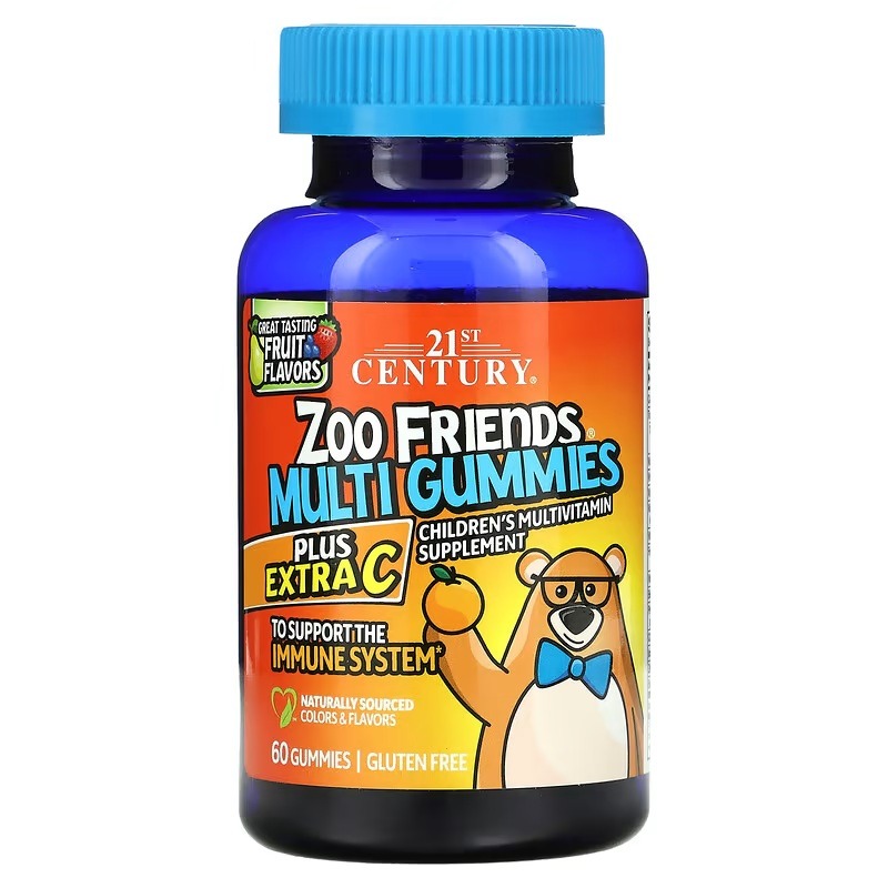 Мультивітаміни для дітей, посилений вітамін C, смак фруктів, Zoo Friends Multi, Plus Extra C, 21st Century, 60 жувальних цукерок