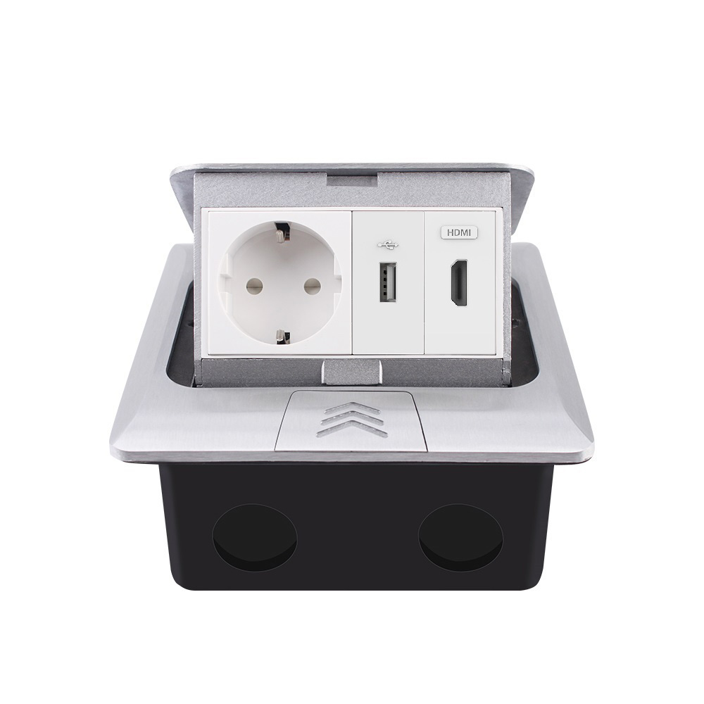 Розетка підлогова подвійна LIVOLO срібна, вбудована у підлогу, з USB 10Вт, HDMI, для кухні, офісу чи конференц-залу, з кришкою, висувна, з заземленням, IP44, плавне відкриття, алюміній, розмір 145×145×65 мм (VL-SHS016-TC-HD-UA-S)