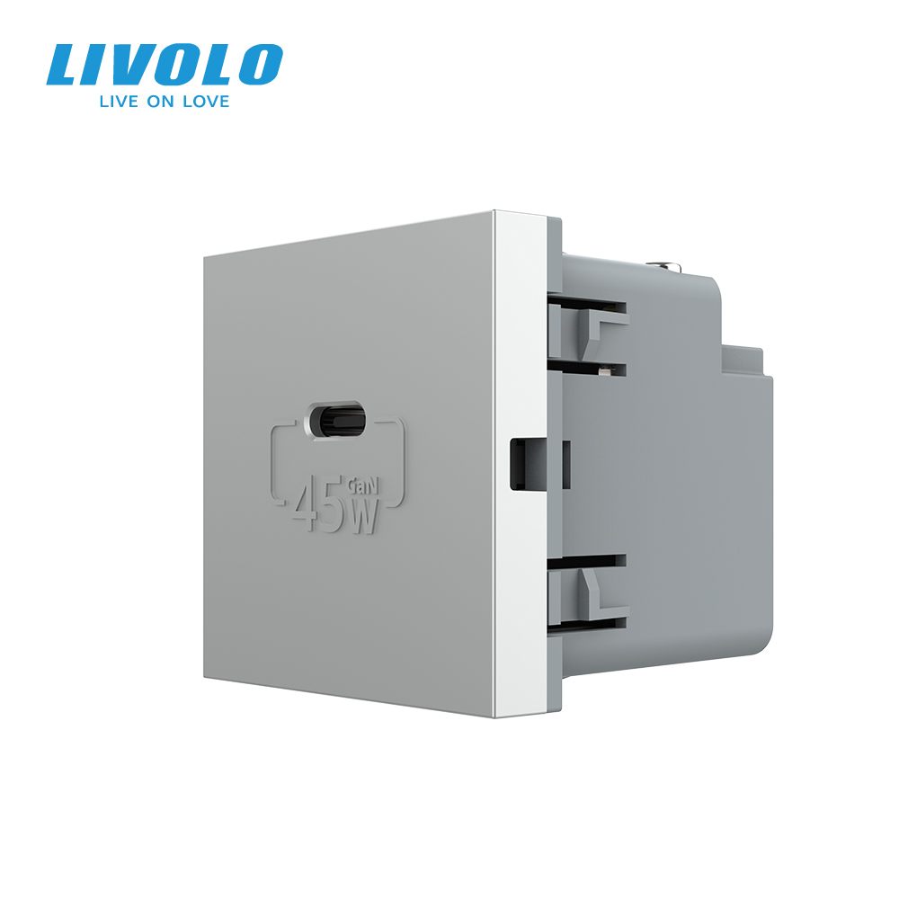 USB Type-C розетка LIVOLO, PD 45W, Power Delivery, швидка зарядка, сіра, модуль (VL-FCUC-2IP)