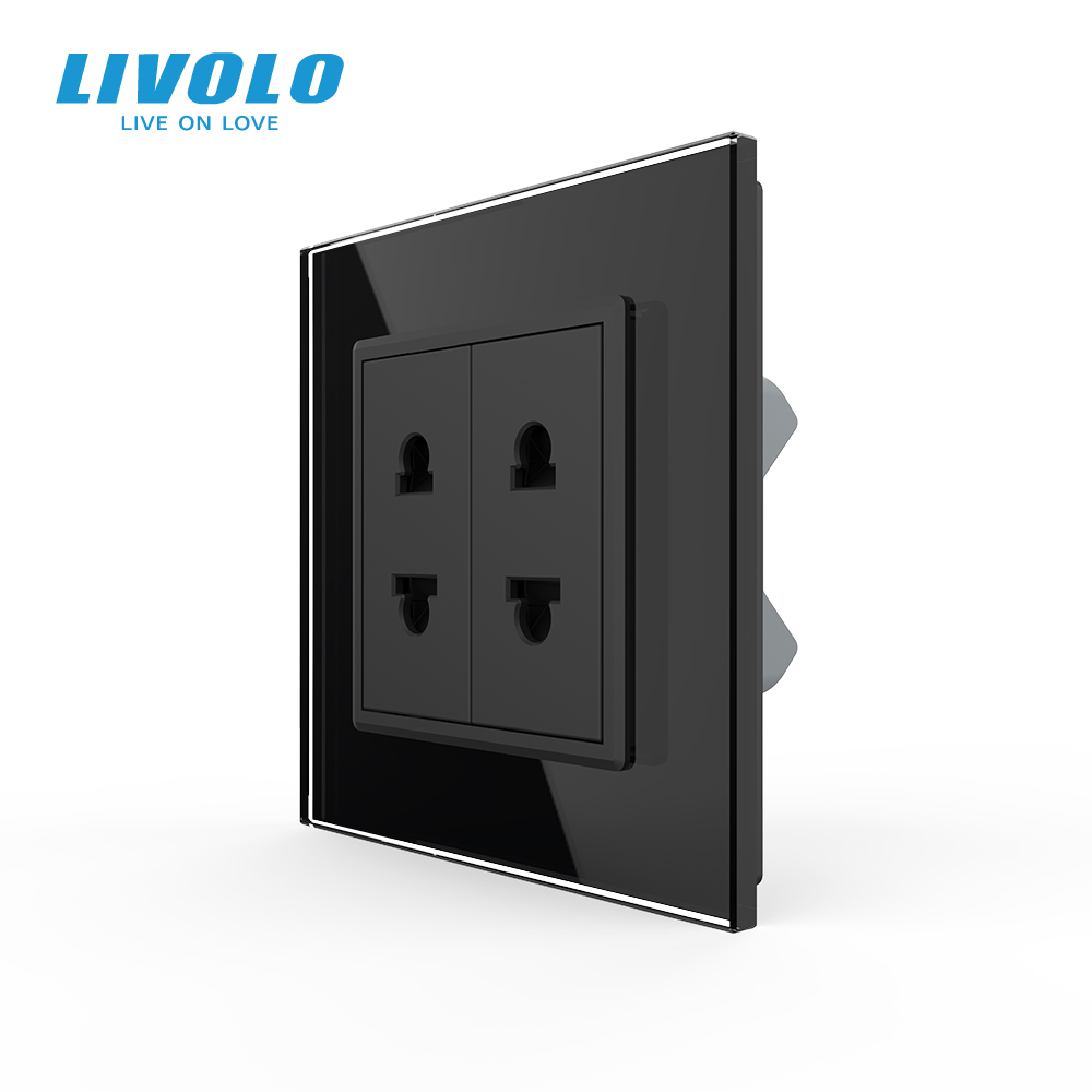 Подвійна універсальна розетка LIVOLO 2 стандарти в 1, чорна, дизайнерська, настінна, скляна рамка