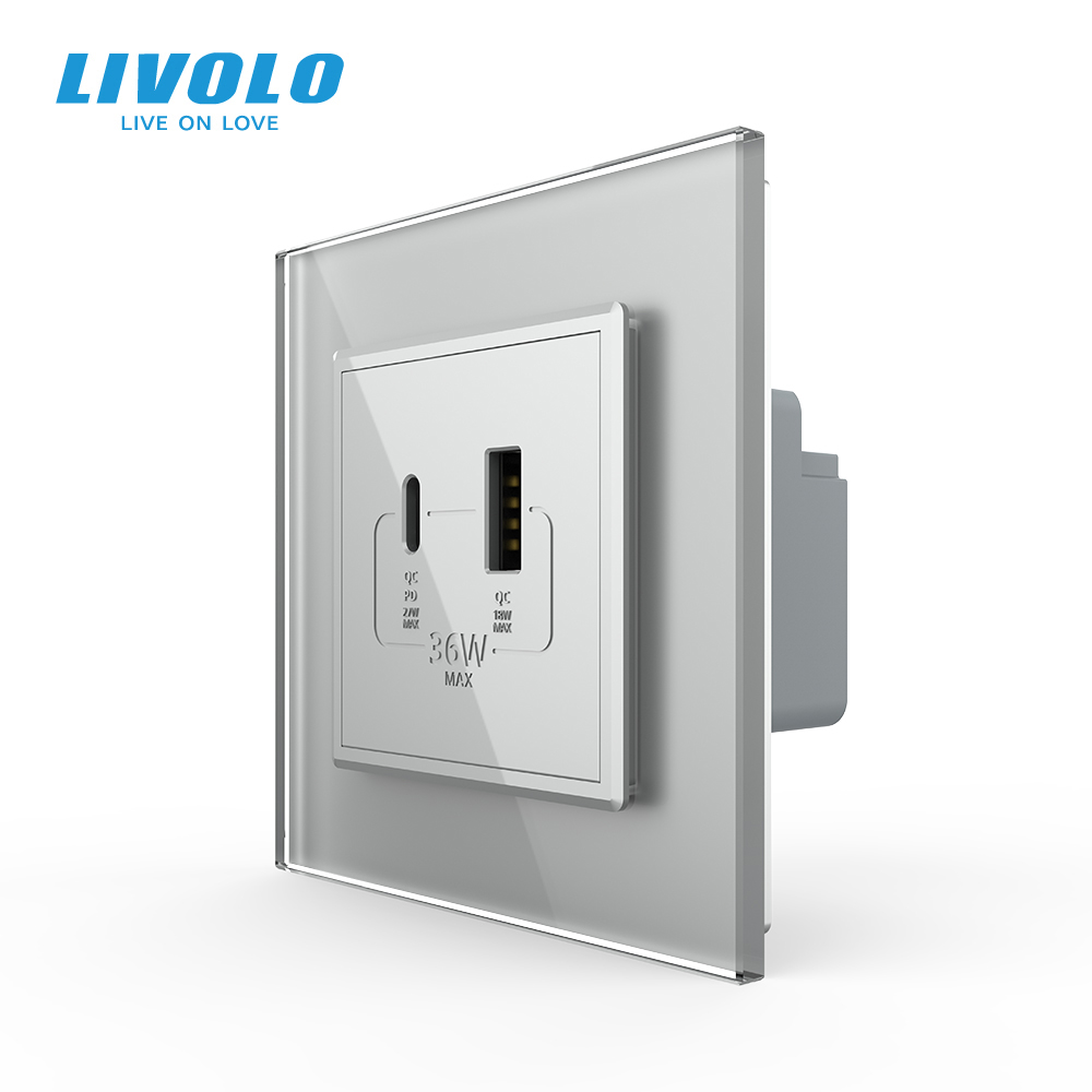 Розетка USB-A та USB-C з Power Delivery 36W LIVOLO сіра 2.5D скло