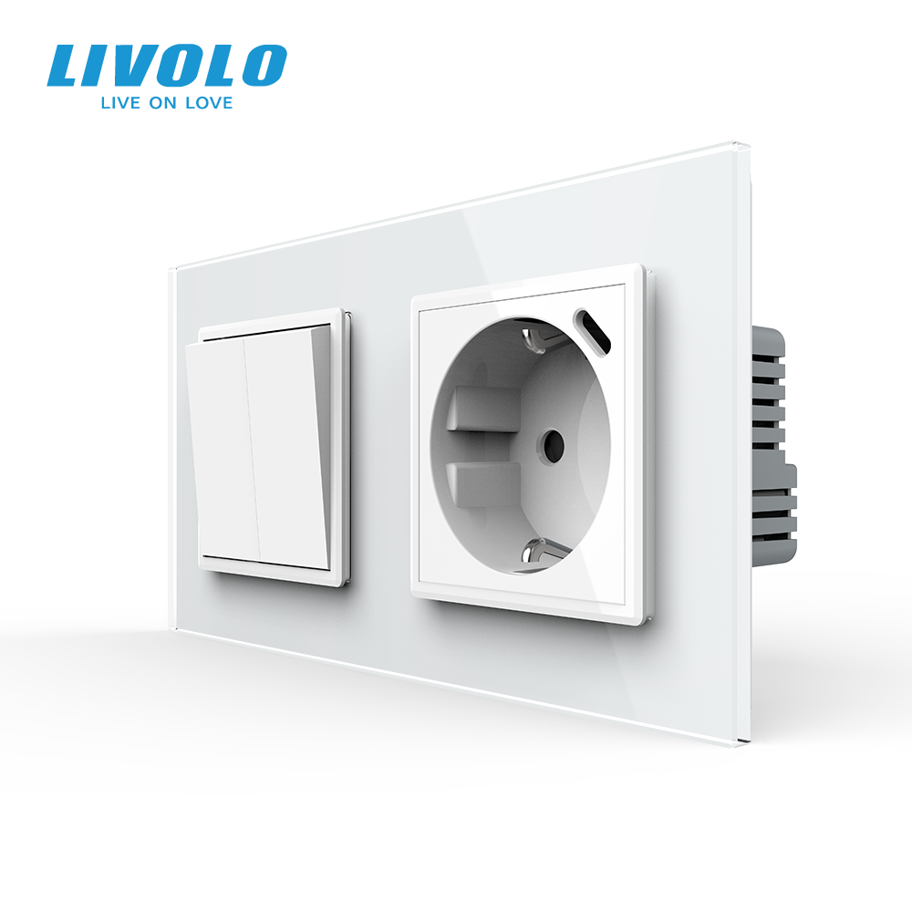 Двоклавішний перехресний вимикач LIVOLO з розеткою та USB Type-C 18Вт, білий, скло, заземлення