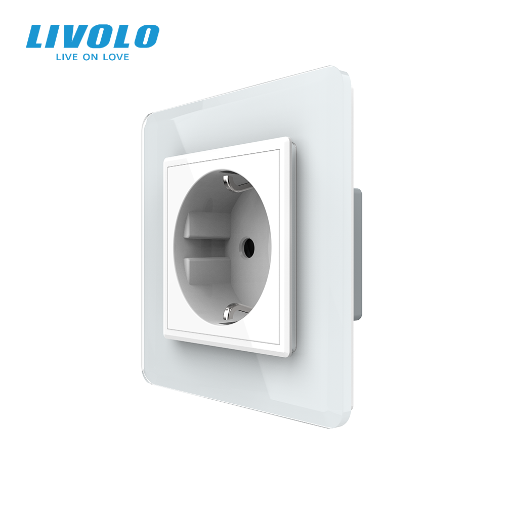 Електрична розетка з заземленням LIVOLO, біла, скляна 2.5D рамка, шторки, 250В 16А