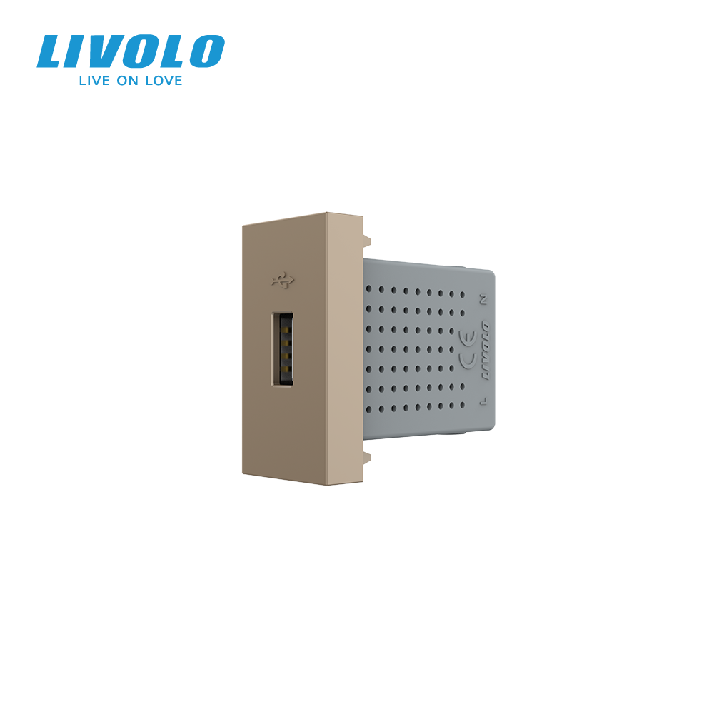 USB розетка LIVOLO 5V 2.1A, золота, 10Вт, з блоком живлення, модуль 0.5 поста (VL-FCUA-1AP)