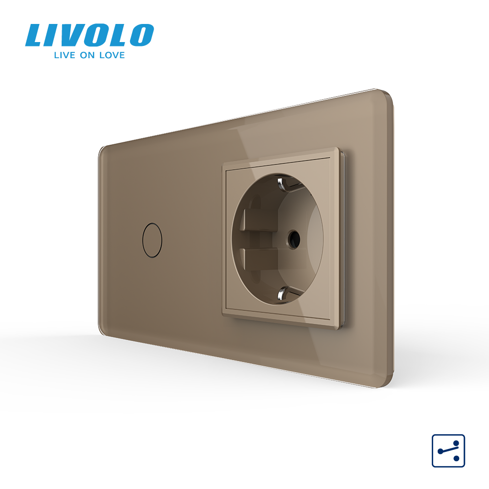 Сенсорний прохідний/перехресний вимикач 1 сенсор 1 розетка LIVOLO золото 2.5D скло