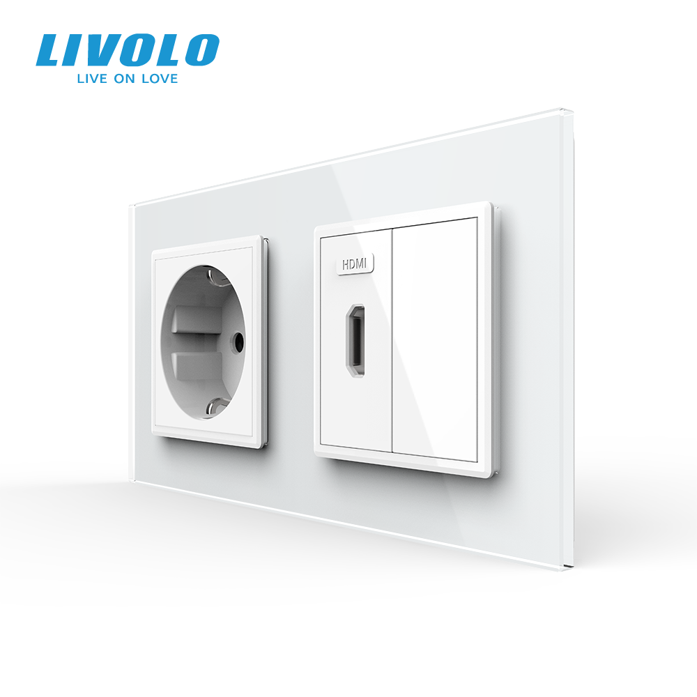 Розетка HDMI LIVOLO, біла, настінна дизайнерська, скляна рамка