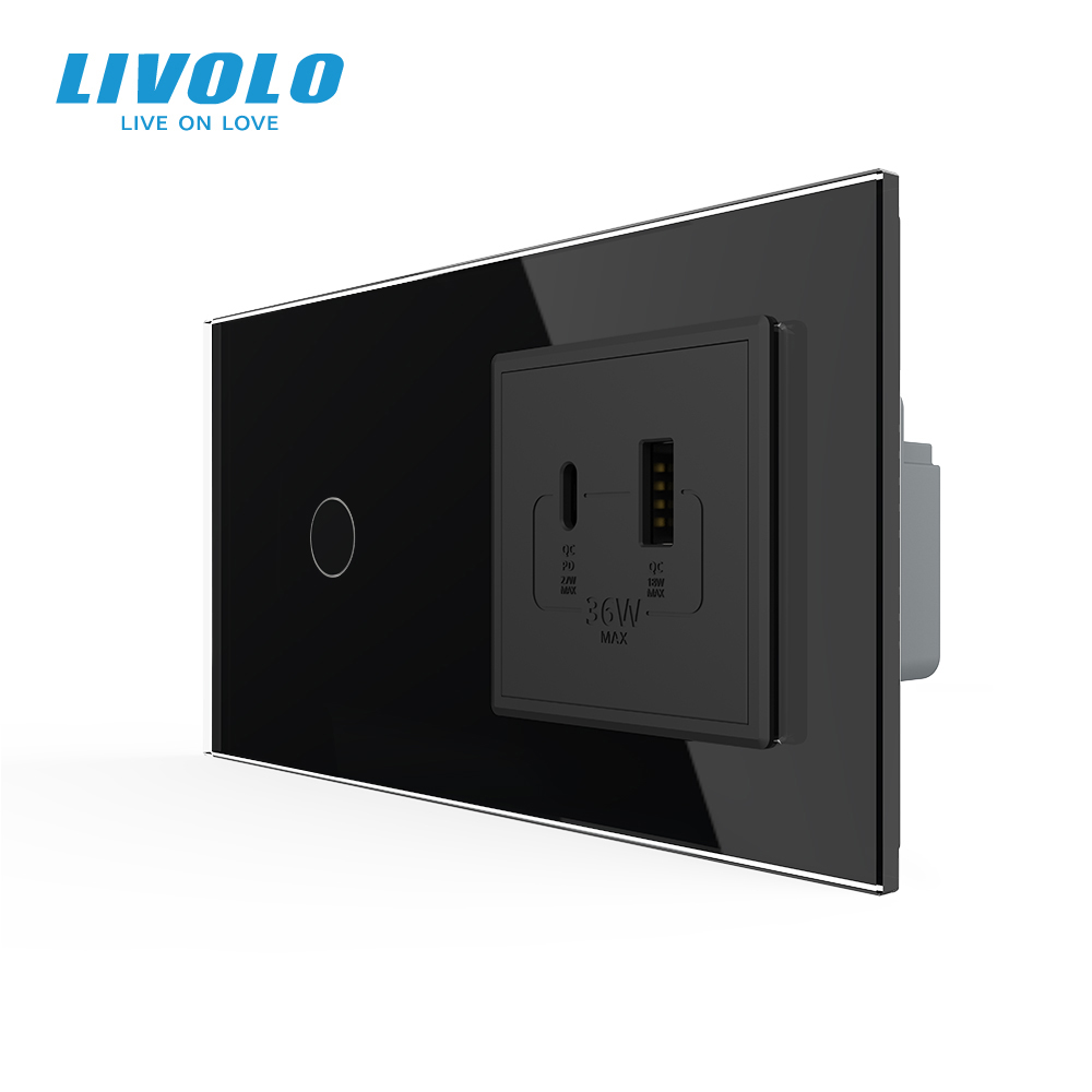 Розумний сенсорний (дотиковий) вимикач LIVOLO з розеткою USB-A + USB-C 36Вт чорний скляна рамка