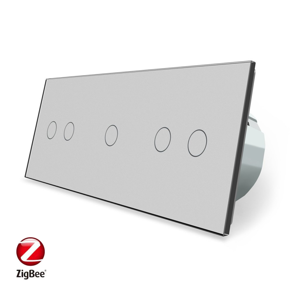Розумний сенсорний ZigBee вимикач 5 сенсорів (2-1-2) Livolo сірий скло (VL-C702Z/C701Z/C702Z-15)