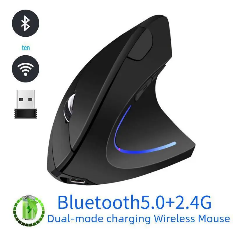 Бездротова акумуляторна вертикальна миша  Bluetooth + USB адаптер 2,4 Чорна
