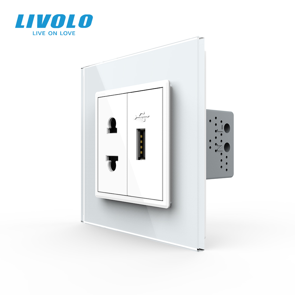 Розетка універсальна з USB розеткою Livolo білий скло (VL-C7C1AUSB-11)