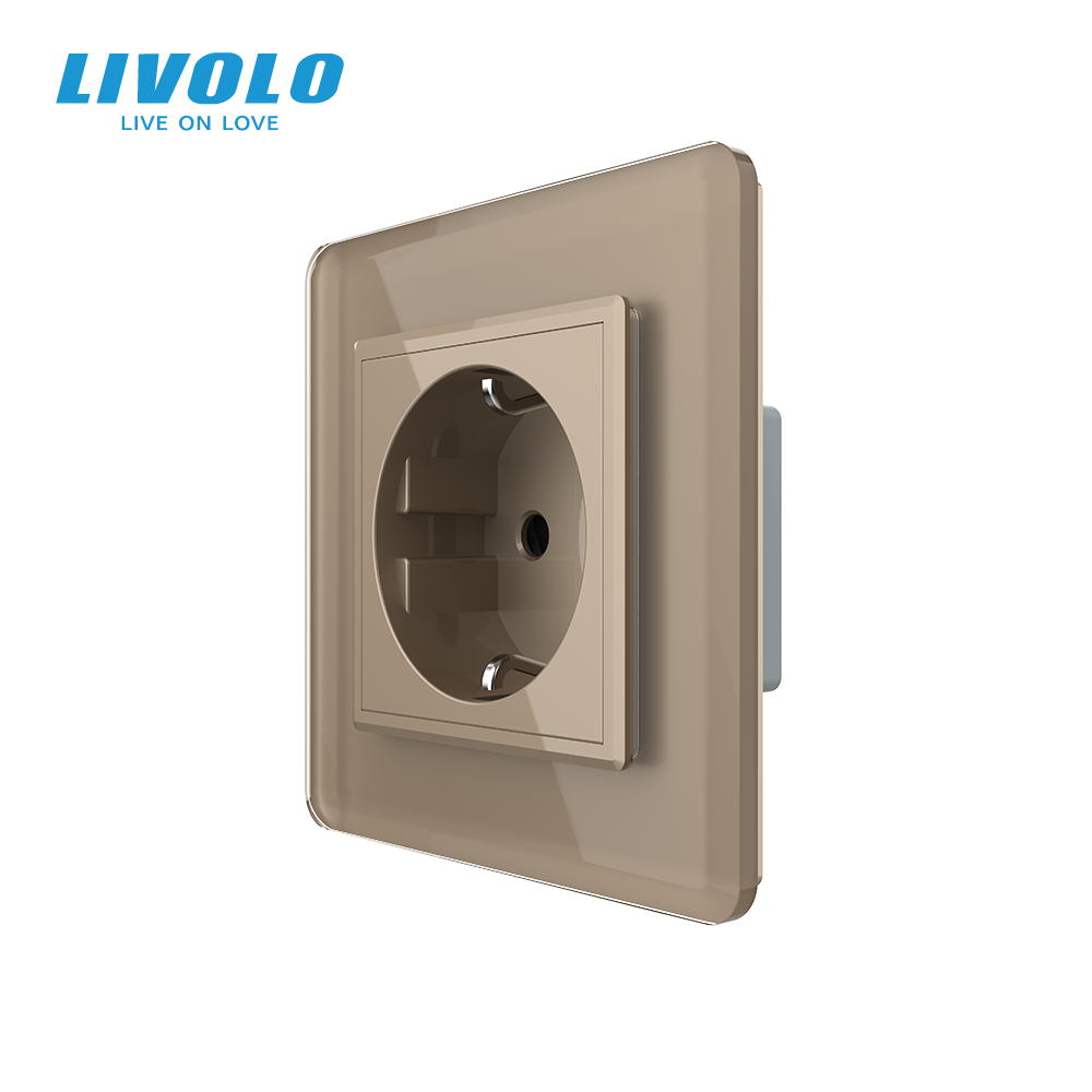 Електрична розетка з заземленням LIVOLO, золота, скляна 2.5D рамка, шторки, 250В 16А