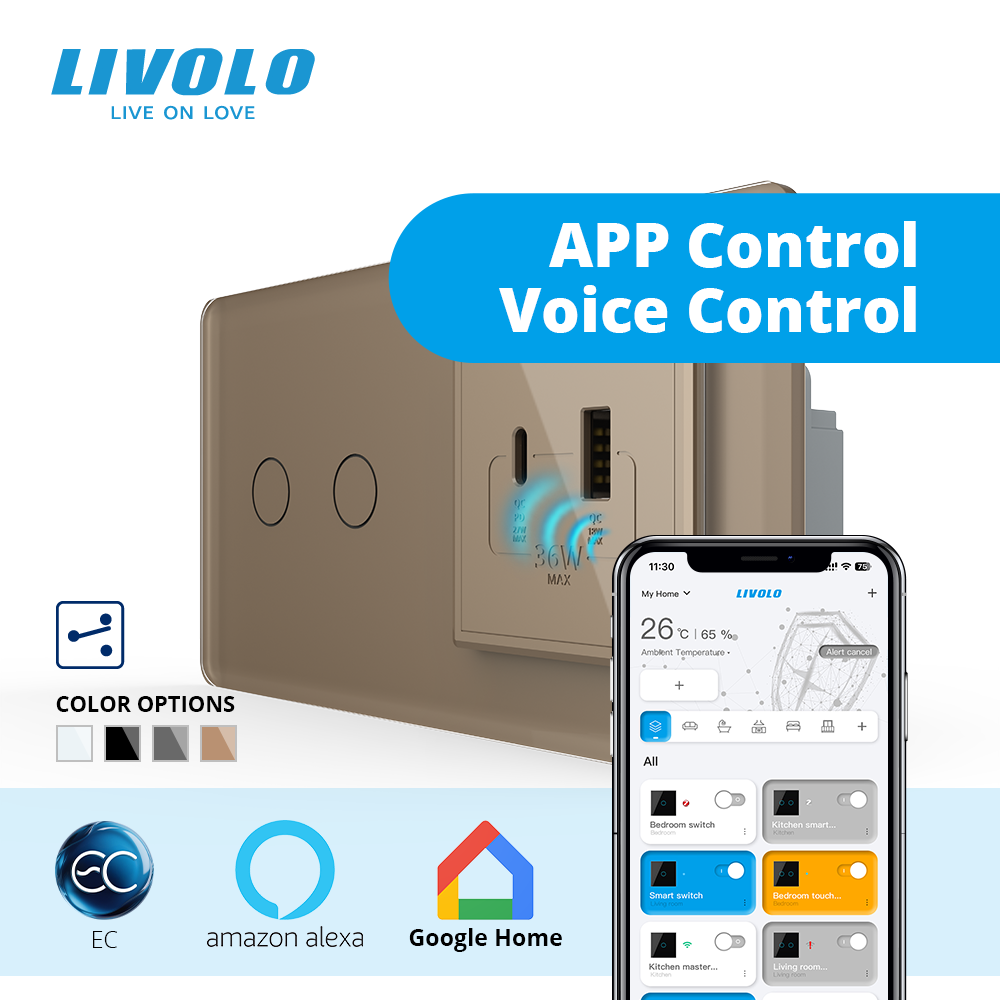 Розумний сенсорний подвійний прохідний вимикач LIVOLO з розеткою USB-A + USB-C 36Вт золотий 2.5D скляна рамка