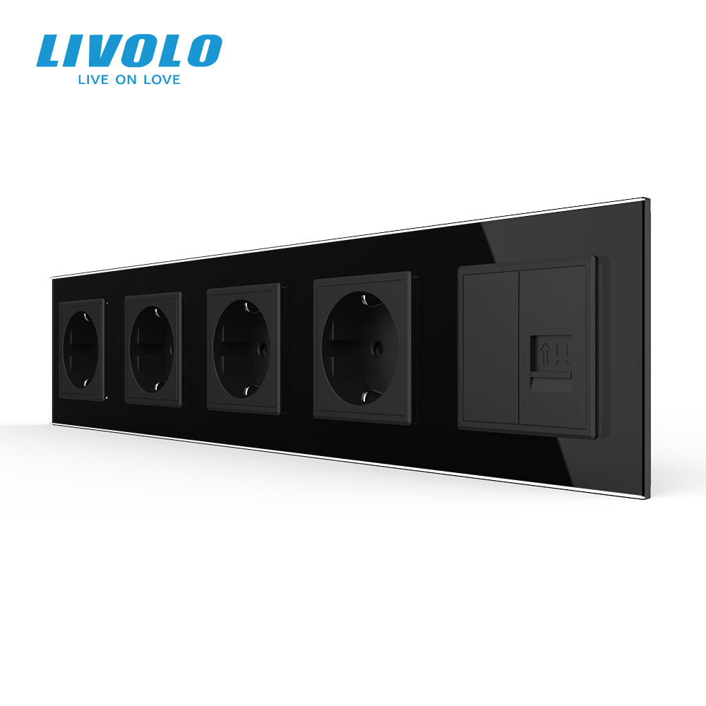 Розетка п'ятимісна комбінована Силова Інтернет LIVOLO чорна 2.5D скло