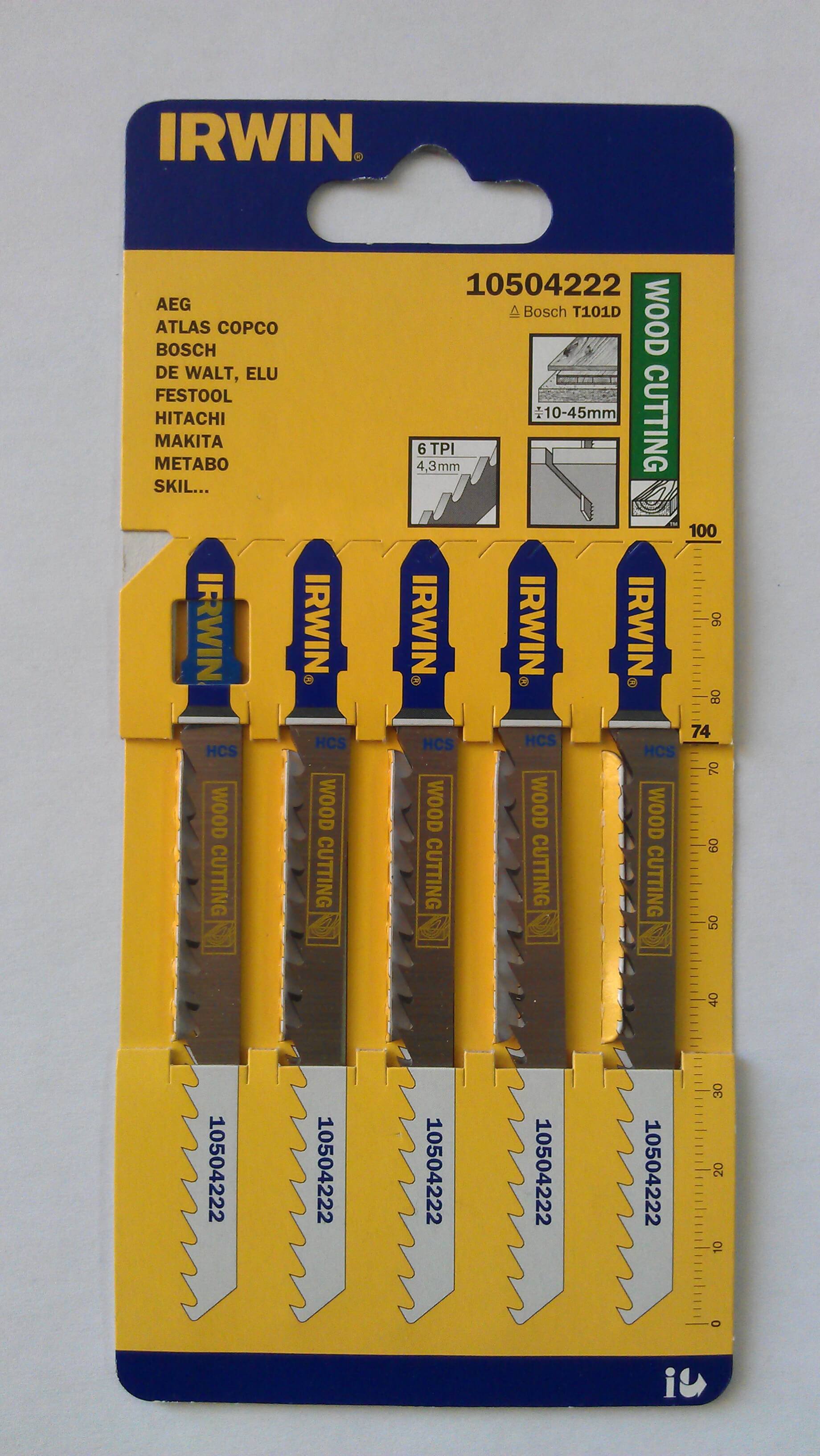 Пилки для лобзика по дереву T101D 6TPI HSS 100 мм 5 шт, Irwin 10504222
