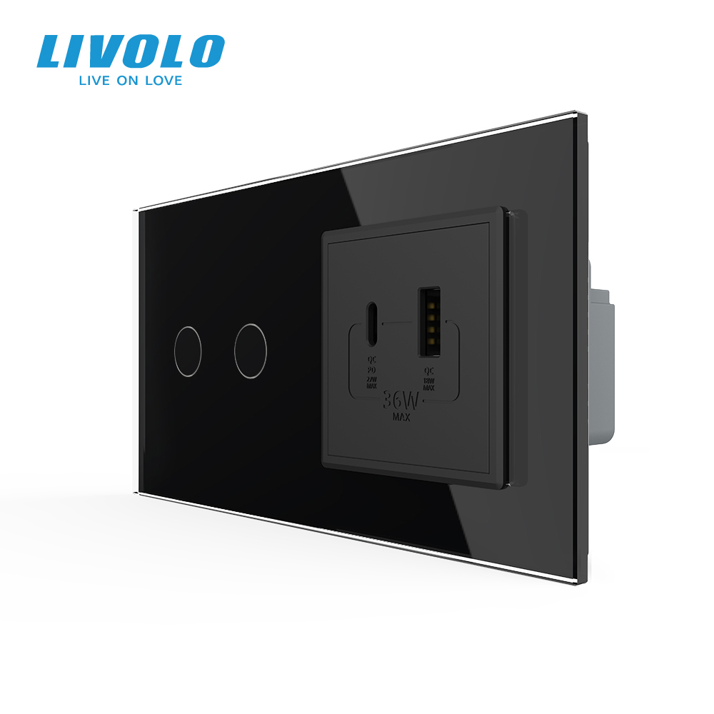 Розумний сенсорний (дотиковий) подвійний вимикач LIVOLO з розеткою USB-A + USB-C 36Вт чорний скляна рамка