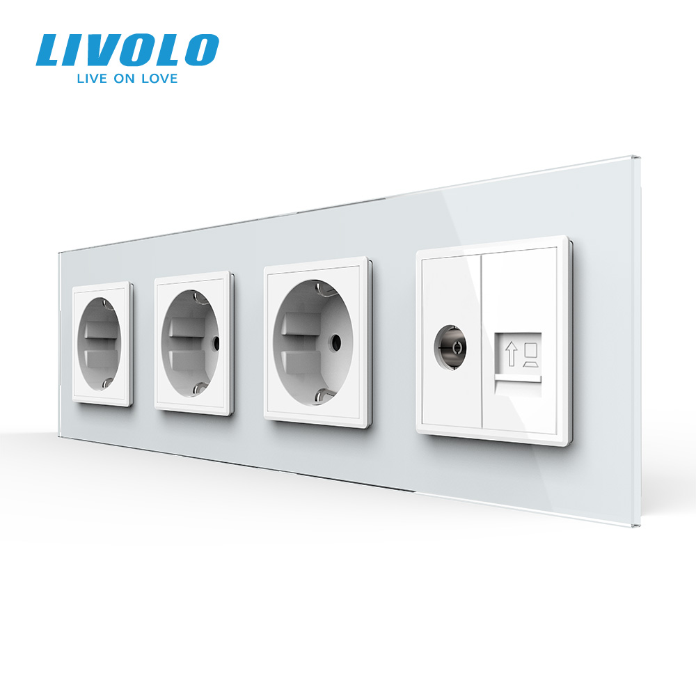 Розетка чотиримісна комбінована Силова Інтернет ТБ LIVOLO біла 2.5D скло