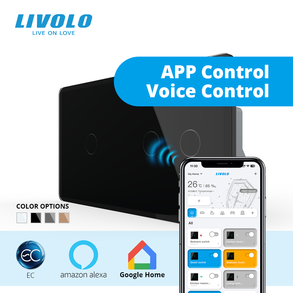 Розумний сенсорний (дотиковий) вимикач LIVOLO 3 клавіші (1-2) чорний 2.5D скло Wi-Fi