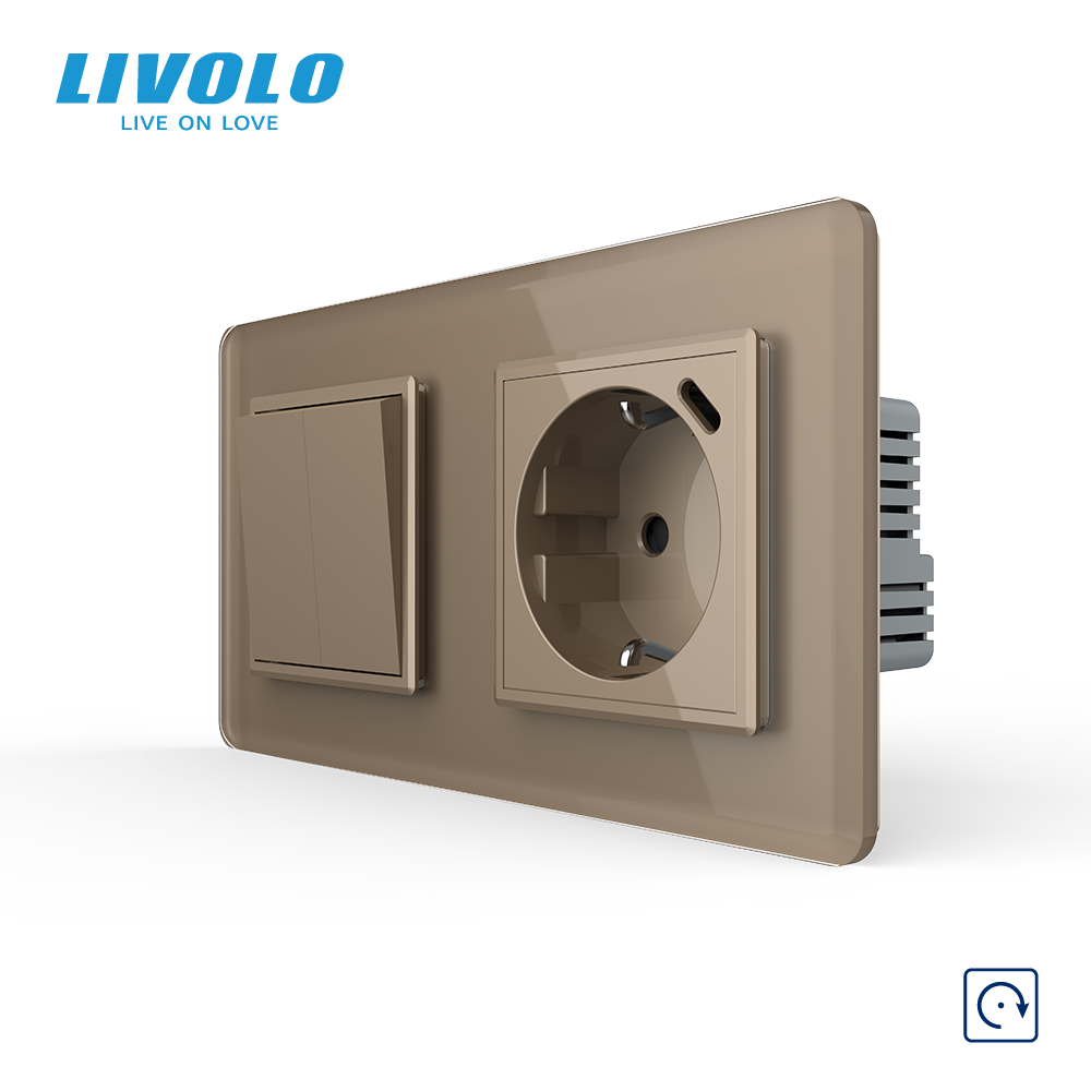 Подвійний вимикач без фіксації LIVOLO з розеткою та USB Type-C 18Вт, золотий 2.5D, скло, заземлення