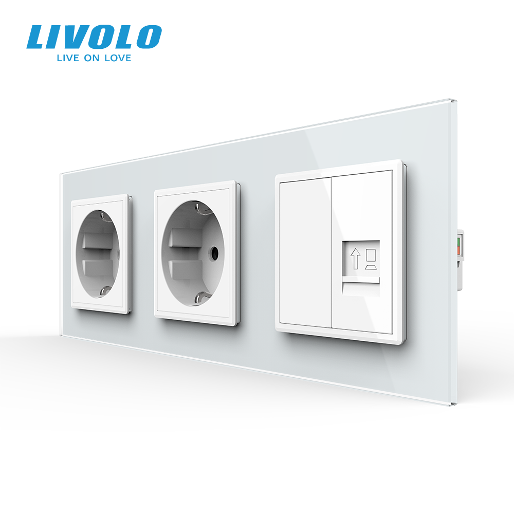 Розетка тримісна комбінована Силова Інтернет LIVOLO біла 2.5D скло