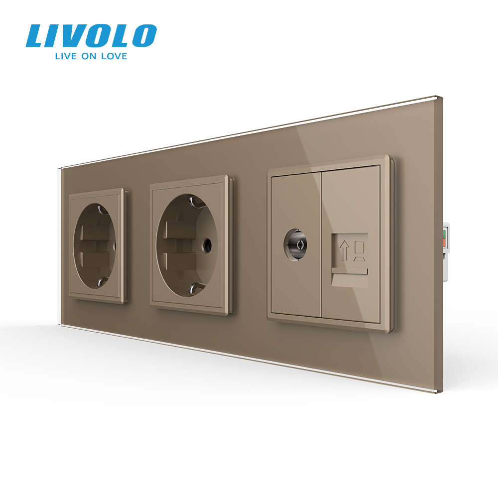 Розетка тримісна комбінована Силова Інтернет ТБ Livolo золото скло (VL-C7C2EU1C1V-13)