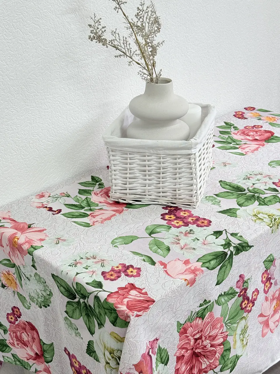 Скатертина Ecotton 150х240 см бавовняна з рогожки рожева 29033/2 Літній букет