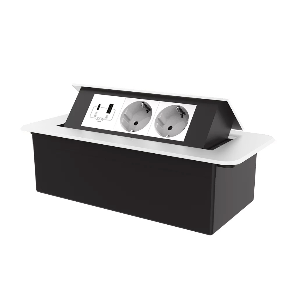 Меблева розетка потрійна LIVOLO біла, вбудована у стільницю, з USB-A і USB Type-C 36 Вт, висувна, з заземленням, плавне відкриття, алюміній (VL-SHS013-TC-UA.UC-WP-W)