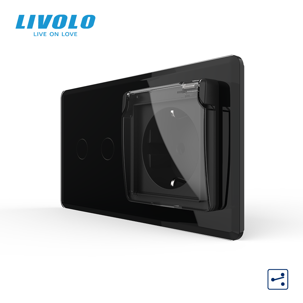 Сенсорний подвійний прохідний вимикач LIVOLO з розеткою IP44 кришка чорний 2.5D 16А 230В із заземленням шторки скло