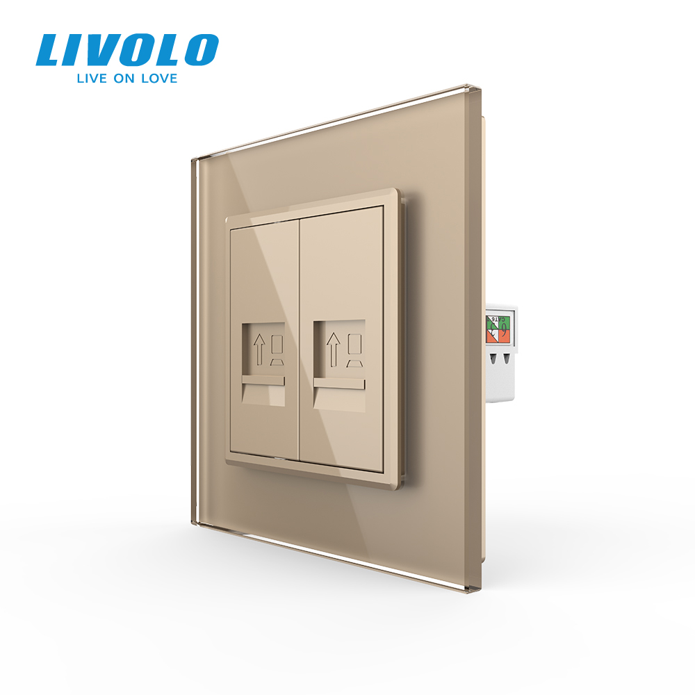 Розетка комп'ютерна подвійна RJ-45 LIVOLO золота 2.5D скло