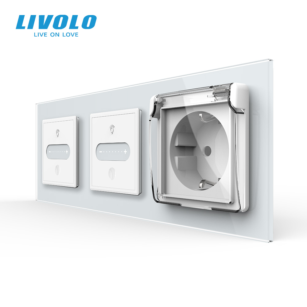 Розумний сенсорний димер LIVOLO 2 сенсори (1-1) з розеткою IP44, кришка, білий 2.5D скло, 16A 230V, заземлення