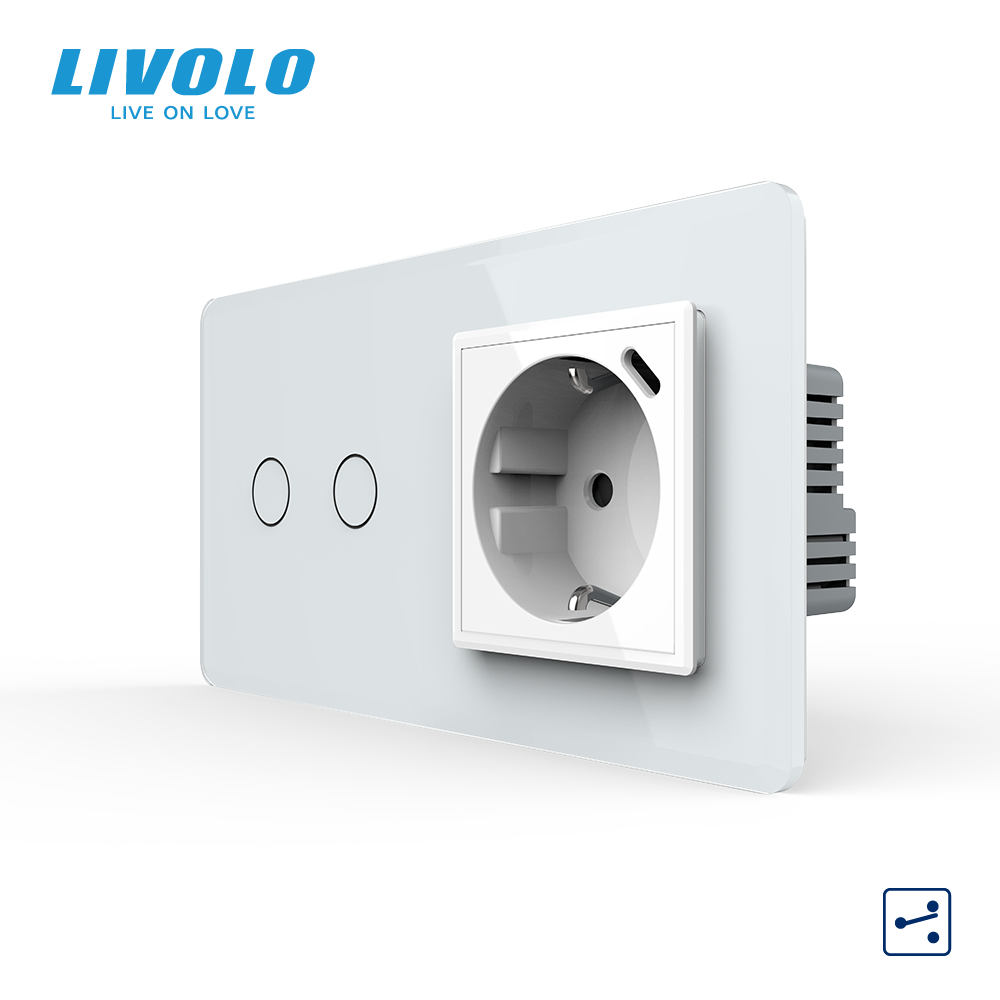 Сенсорний подвійний прохідний вимикач LIVOLO з розеткою та USB Type-C 18Вт, білий 2.5D, скло, із заземленням