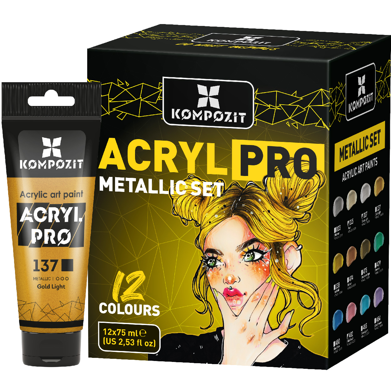 Набір Фарба художня ACRYL PRO ART Kompozit 12*75 мл Металік, 12 х 75 мл