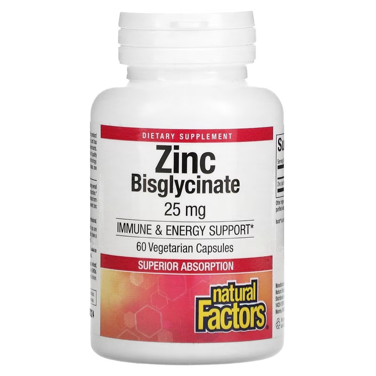 Цинк бісгліцинат, 25 мг, Zinc Bisglycinate, Natural Factors, 60 вегетаріанських капсул