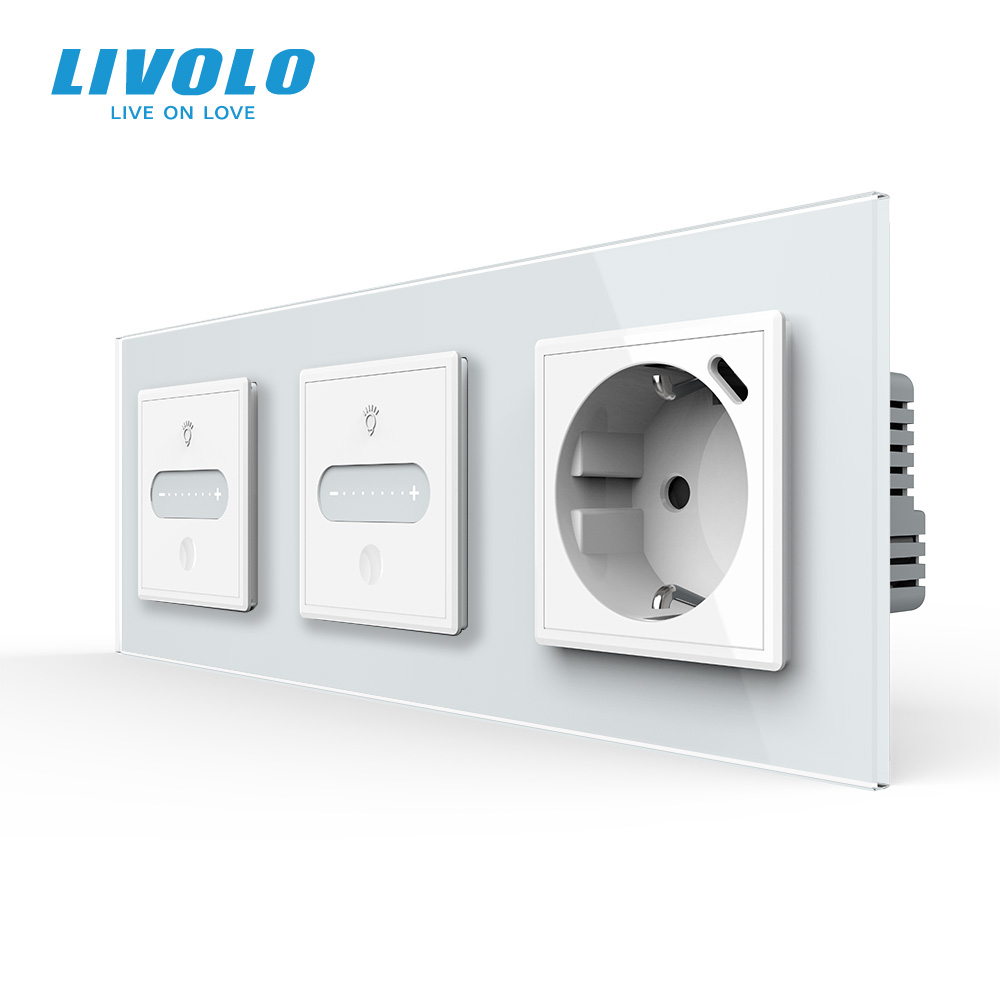 Розумний сенсорний димер LIVOLO 2 сенсори (1-1) з розеткою з USB Type-C 18Вт, білий 2.5D скло, 16A 230V, заземлення