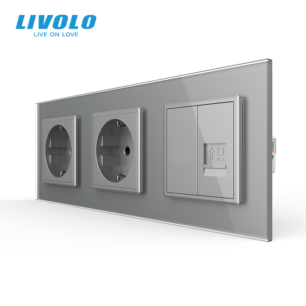 Розетка тримісна комбінована Силова Інтернет LIVOLO сіра 2.5D скло