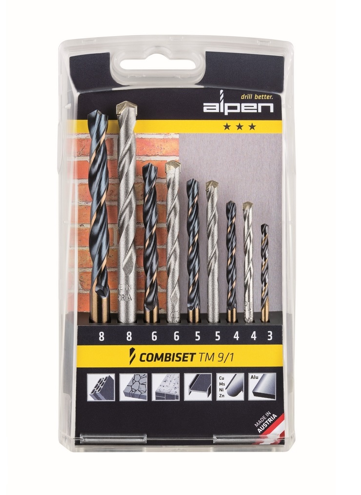Набір свердел Combiset TM 9/1 Metall–Stein Ø3-8 мм, 9 шт, Alpen 0000802122100