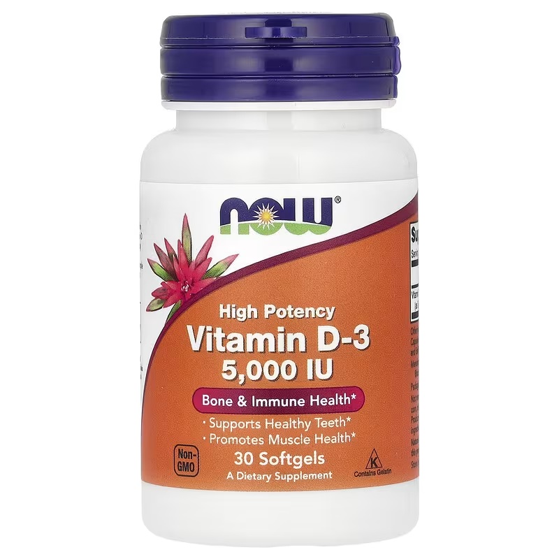 Вітамін D3, 5000 МО, високої ефективності, Vitamin D-3, High Potency, Now Foods, 30 гелевих капсул