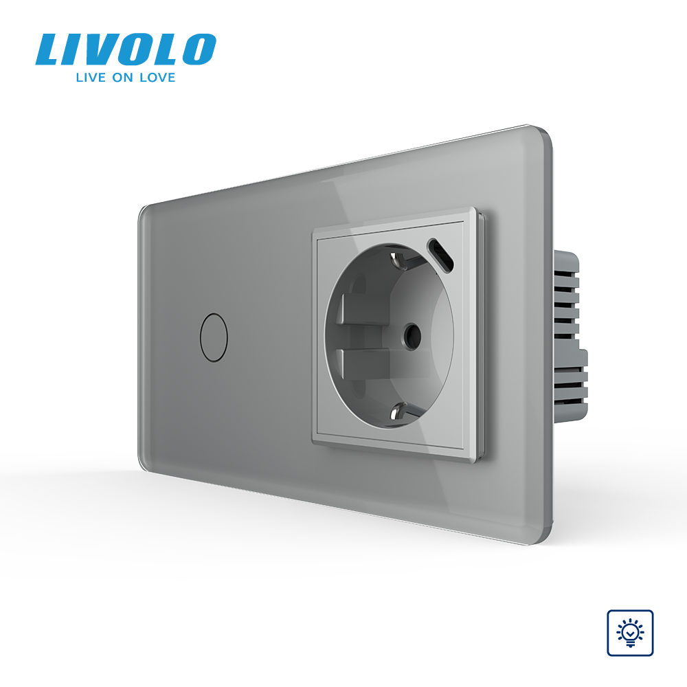 Сенсорний димер з розеткою USB Type-C 18Вт LIVOLO 16А 230В, із заземленням, шторки, сірий 2.5D, скло