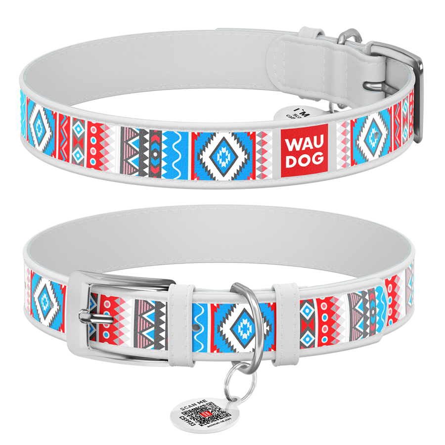 Нашийник для собак шкіряний WAUDOG Design з QR паспортом, малюнок "Етно", M, Ш 20 мм, Дов 29-38 см, білий