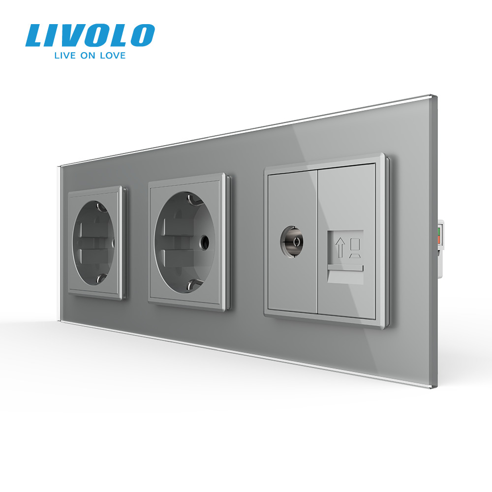Розетка тримісна комбінована Силова Інтернет ТБ LIVOLO сіра 2.5D скло