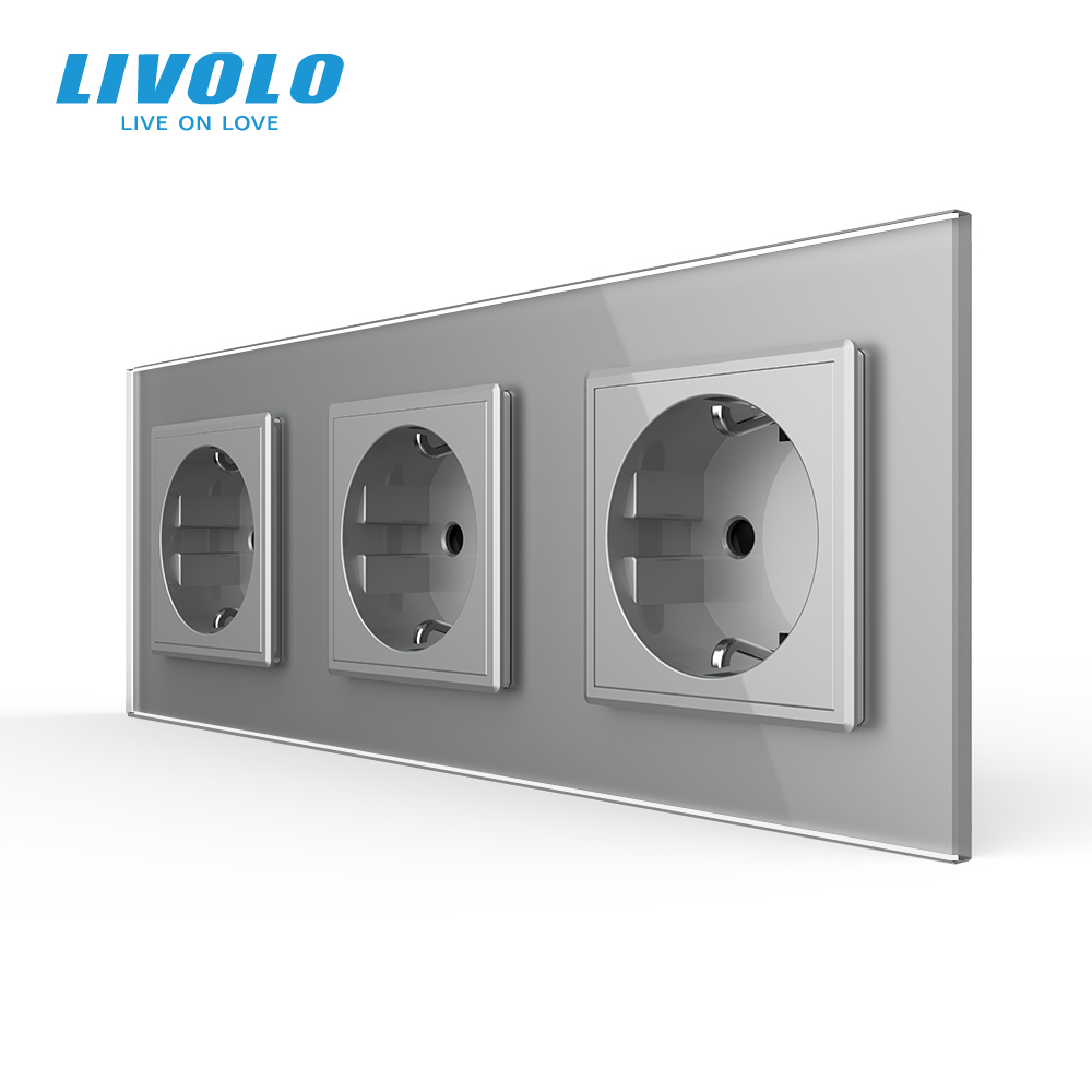 Потрійна електрична розетка з заземленням LIVOLO, сіра, скляна рамка, шторки, 250В 16А (VL-C7C3EU-15)