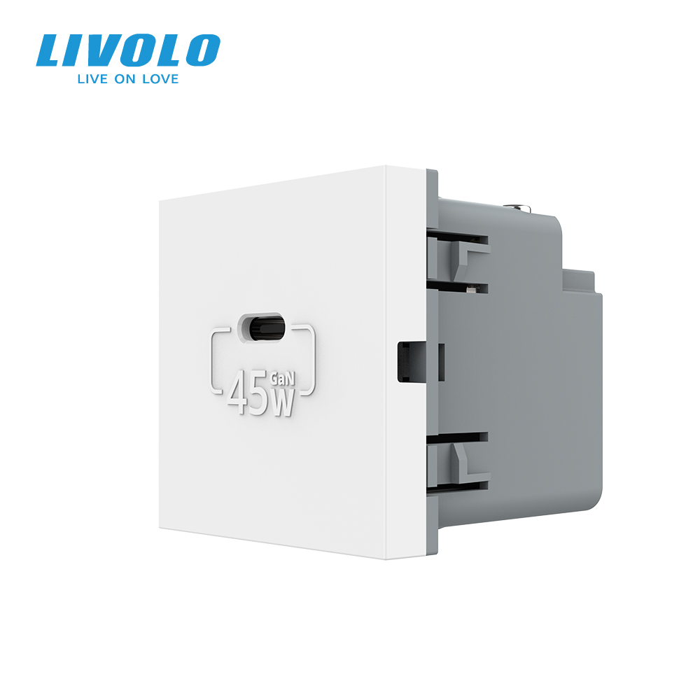 USB Type-C розетка LIVOLO, PD 45W, Power Delivery, швидка зарядка, біла, модуль (VL-FCUC-2WP)