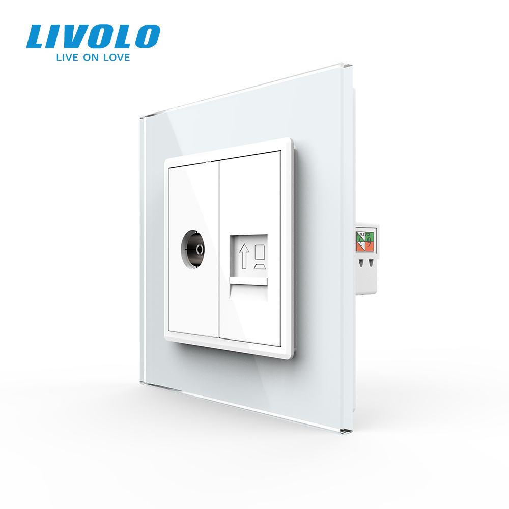 Розетка комп'ютерна RJ-45 і ТБ розетка LIVOLO біла 2.5D скло