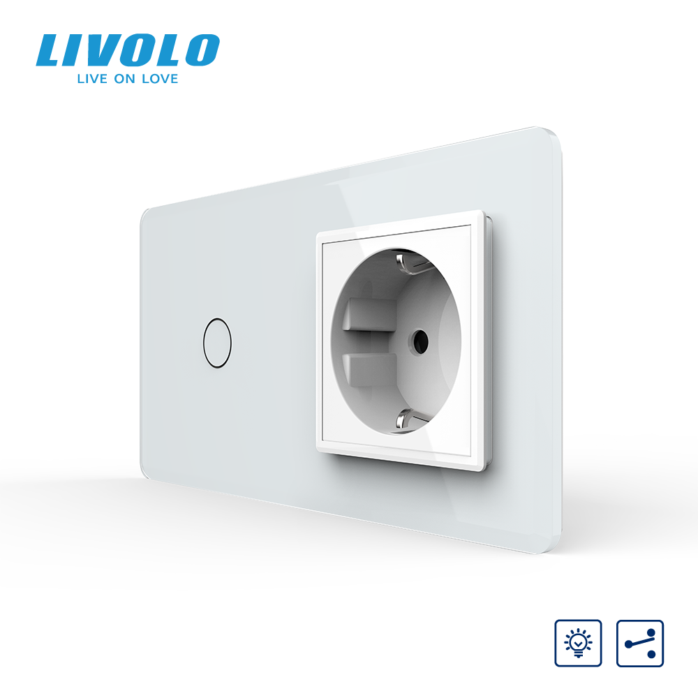 Сенсорний прохідний димер з розеткою LIVOLO 16А 230В із заземленням, шторки, білий 2.5D, скло