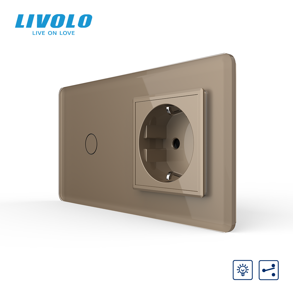 Сенсорний прохідний димер з розеткою LIVOLO 16А 230В із заземленням, шторки, золотий 2.5D, скло